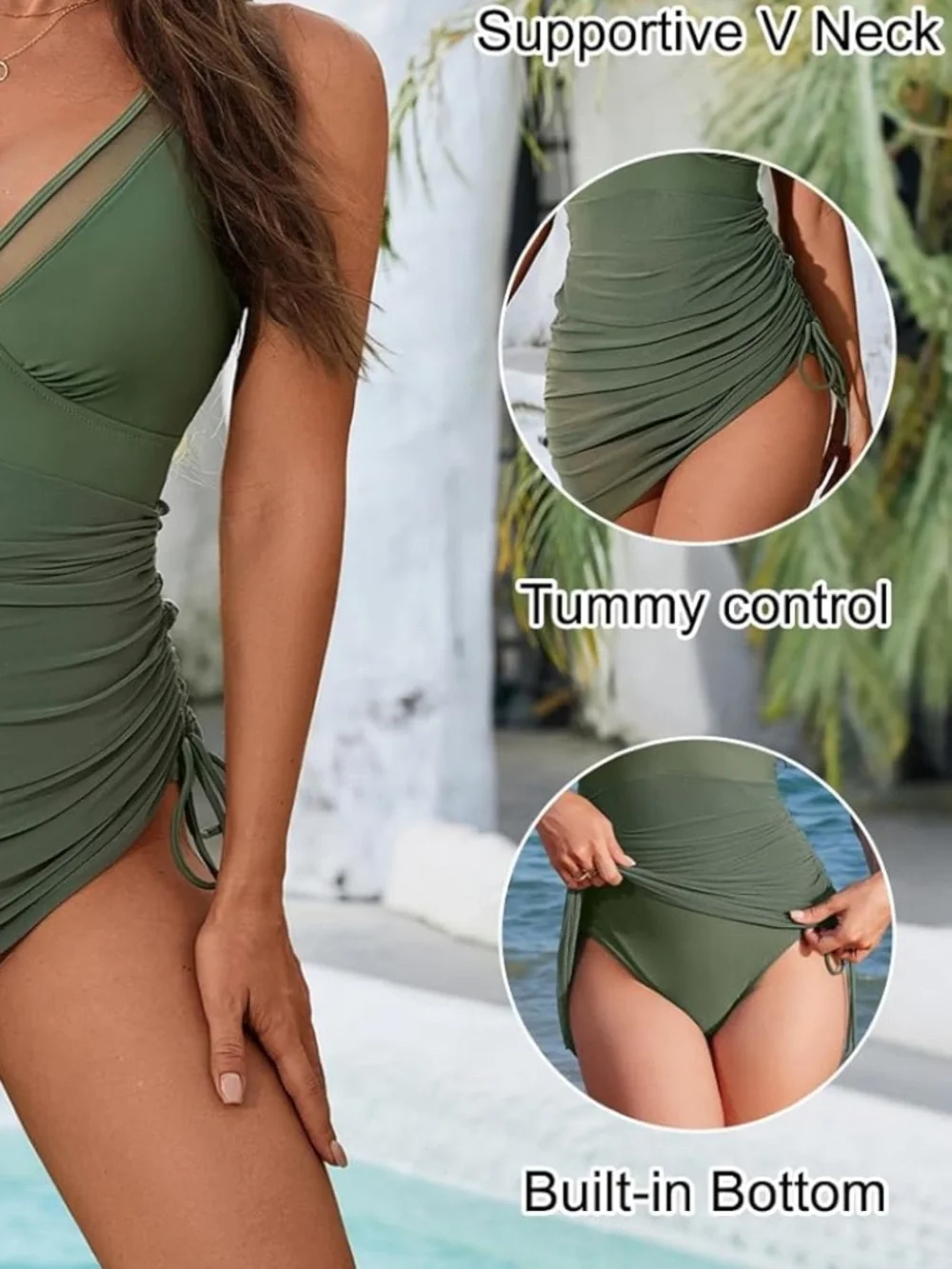 Olive Green Ruched Mesh Swim Dress - Picture 2 of 9